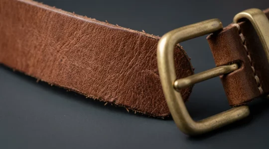 Detailaufnahme eines hochwertigen Vollleder-Gürtels mit sichtbarer Narbung und handgenähten Nähten