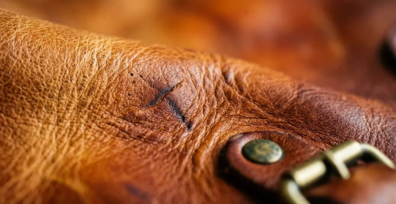 Nahaufnahme von pflanzlich gegerbtem Vollnarbenleder mit beginnender Patina