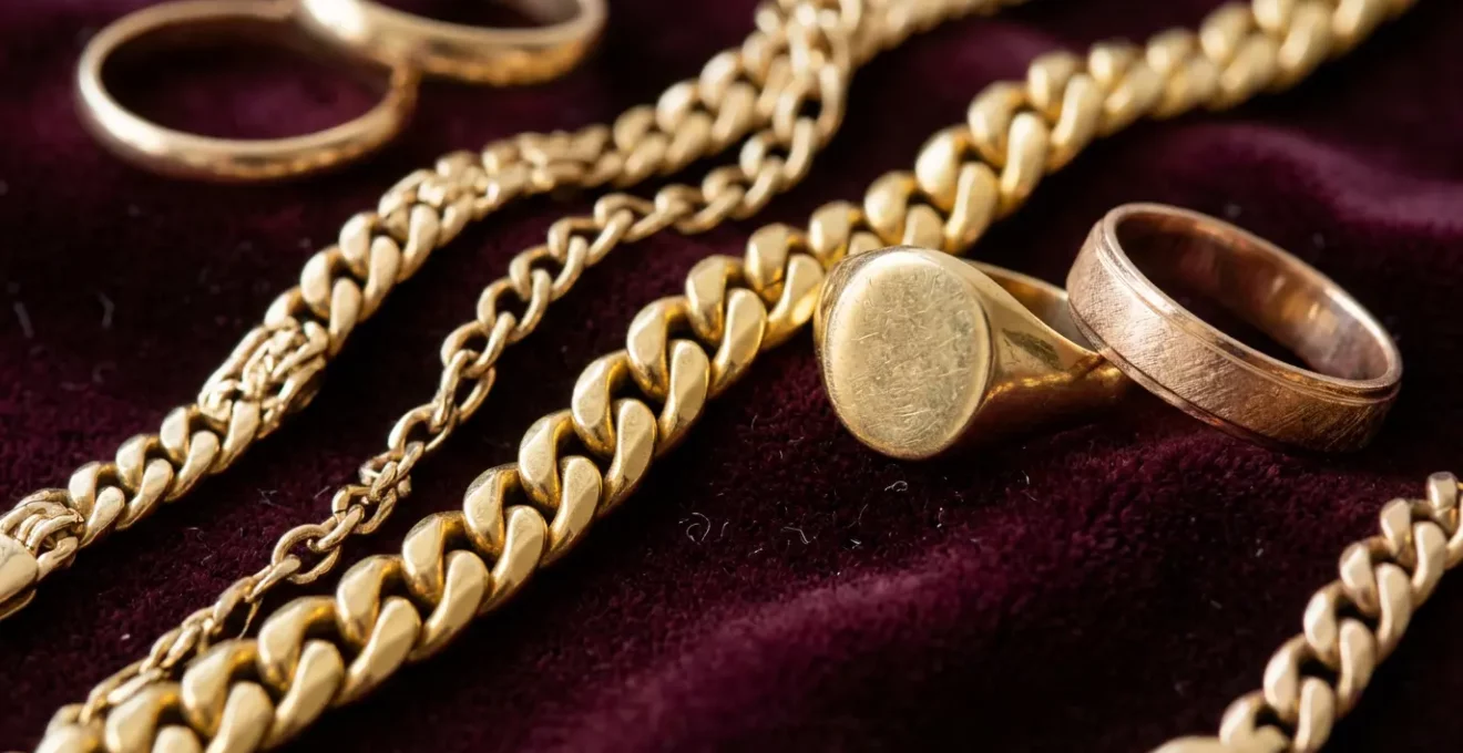 Nahaufnahme von verschiedenen Goldschmuckstücken in unterschiedlichen Legierungen auf dunklem Samt