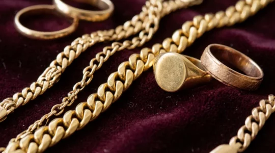 Nahaufnahme von verschiedenen Goldschmuckstücken in unterschiedlichen Legierungen auf dunklem Samt