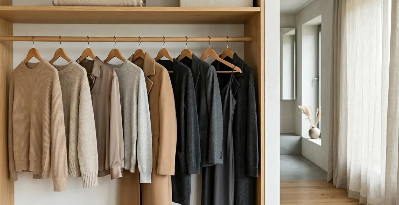 Elegante minimalistische Garderobe mit hochwertigen zeitlosen Kleidungsstücken in neutralen Tönen