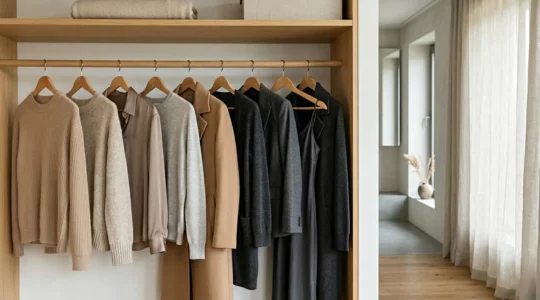 Elegante minimalistische Garderobe mit hochwertigen zeitlosen Kleidungsstücken in neutralen Tönen