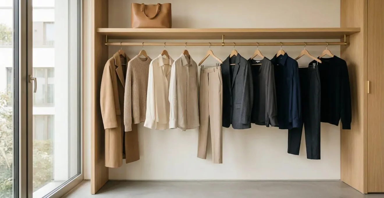 Elegante, minimalistische Luxusgarderobe mit ausgewählten hochwertigen Kleidungsstücken in neutralen Farben