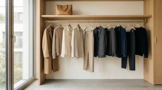 Elegante, minimalistische Luxusgarderobe mit ausgewählten hochwertigen Kleidungsstücken in neutralen Farben