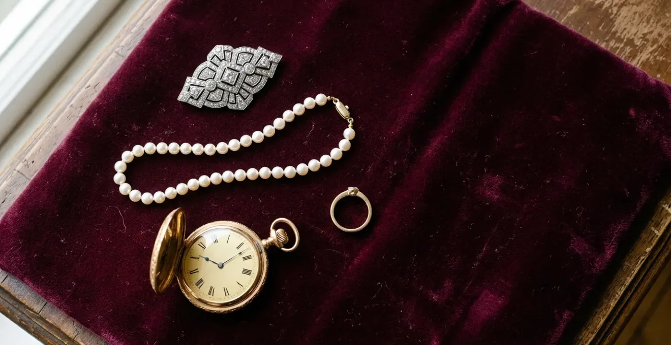 Elegante Schmuckstücke verschiedener Epochen auf antikem Samtstoff arrangiert