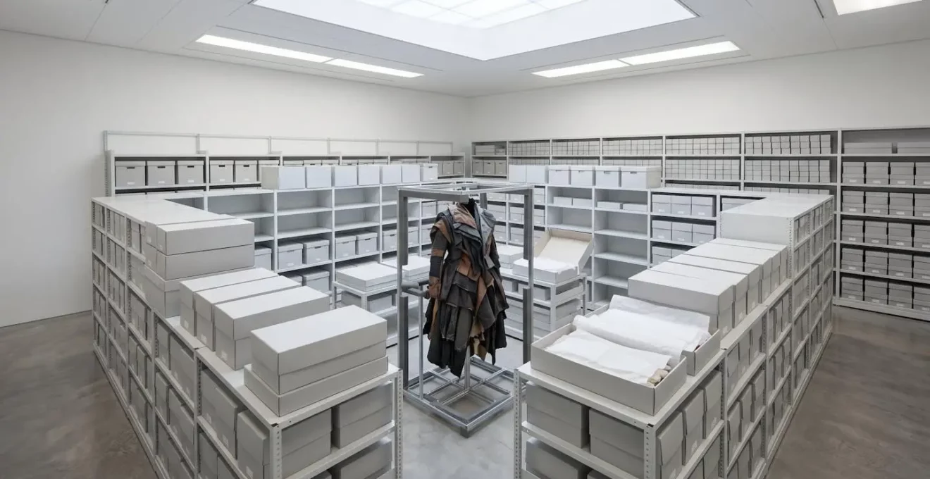 Minimalistischer Archivraum für schwere Designerkleidung
