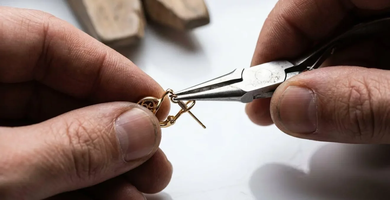 Makroaufnahme von Händen die einen goldenen Ohrringverschluss mit Zange reparieren