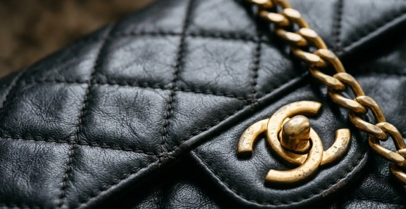 Detailaufnahme einer vintage Chanel Tasche mit sichtbarer Patina und goldener Hardware