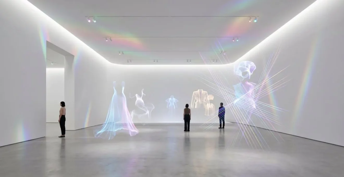 Abstrakte Darstellung digitaler Luxusmode mit holographischen Elementen und virtuellen Texturen