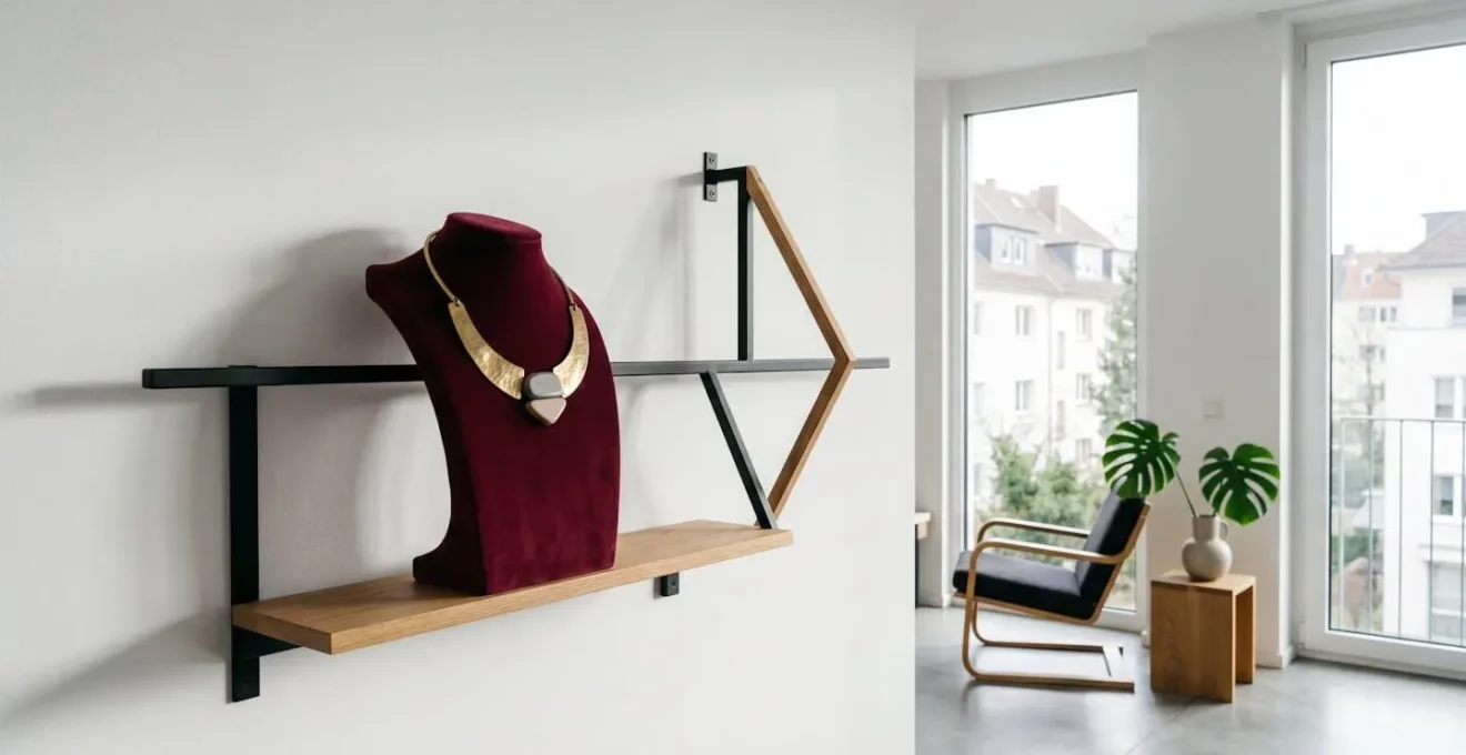 Minimalistische Wandhalterung aus Holz und Samt für die kunstvolle Präsentation eines starren Colliers