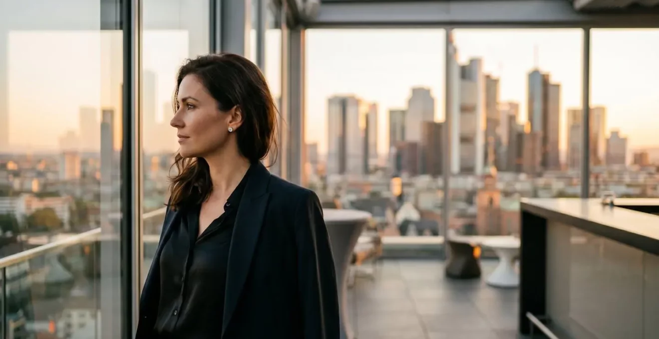 Eine professionelle Frau mit dezenten Diamantsteckern im eleganten Ambiente einer Bar bei Sonnenuntergang.