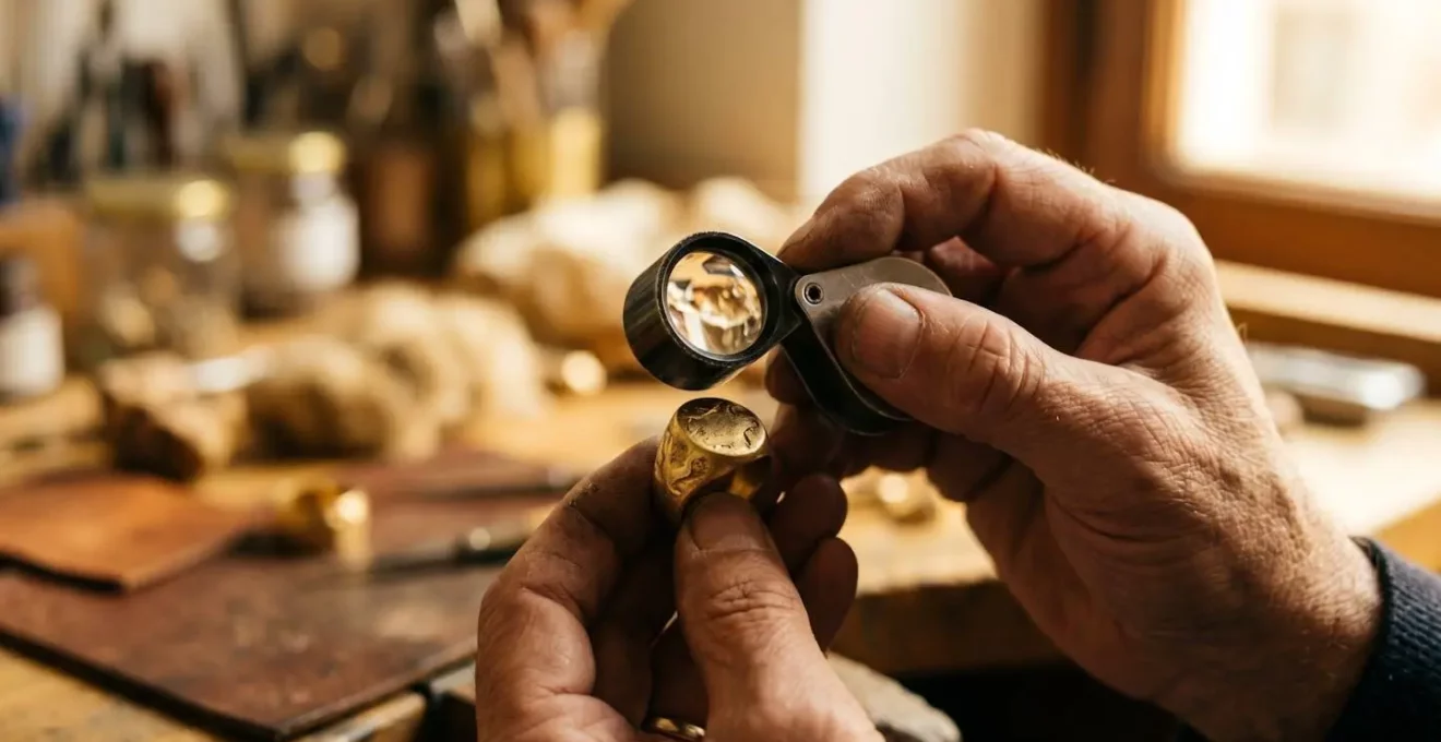 Detailaufnahme einer Juwelierlupe über einem Goldring mit sichtbarer Punzierung