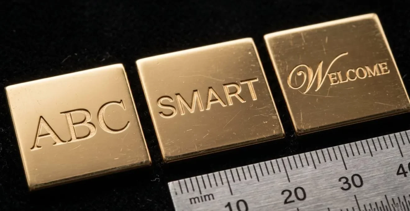 Makroaufnahme von drei gravierten 10mm-Goldplättchen, die die Lesbarkeit bei 3, 5 und 7 Buchstaben demonstrieren