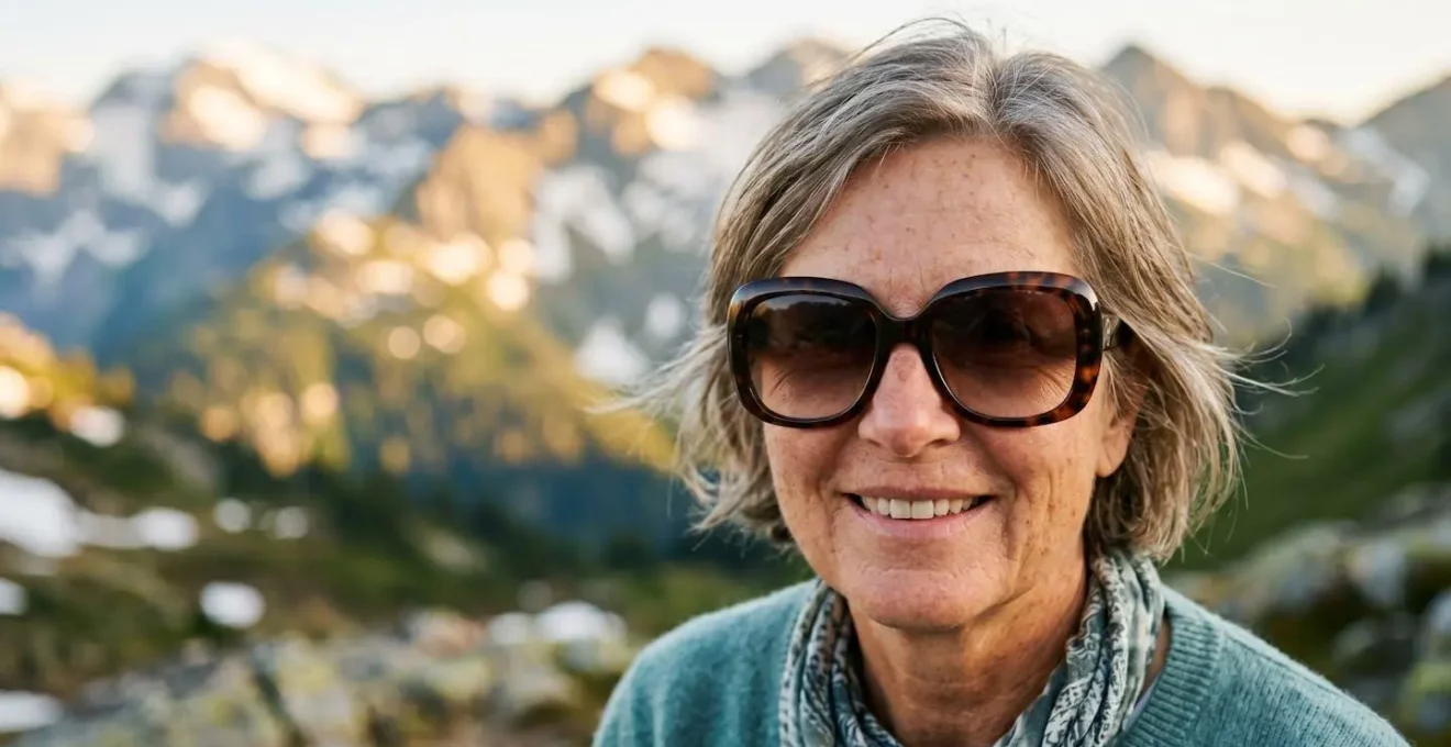 Nahaufnahme einer Frau mit einer grossen, schützenden Sonnenbrille in einer alpinen Landschaft, die den Schutz der empfindlichen Augenpartie verdeutlicht.