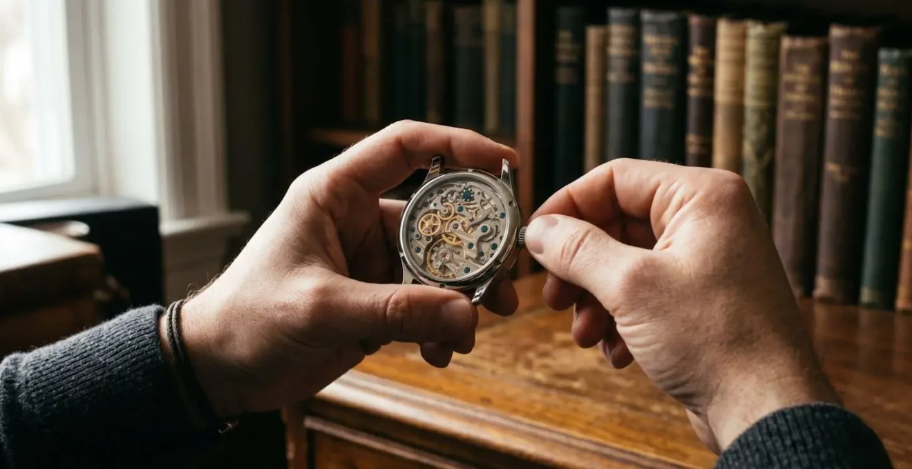 Detailansicht eines mechanischen Uhrwerks durch einen Glasboden, Hand beim Aufziehen sichtbar