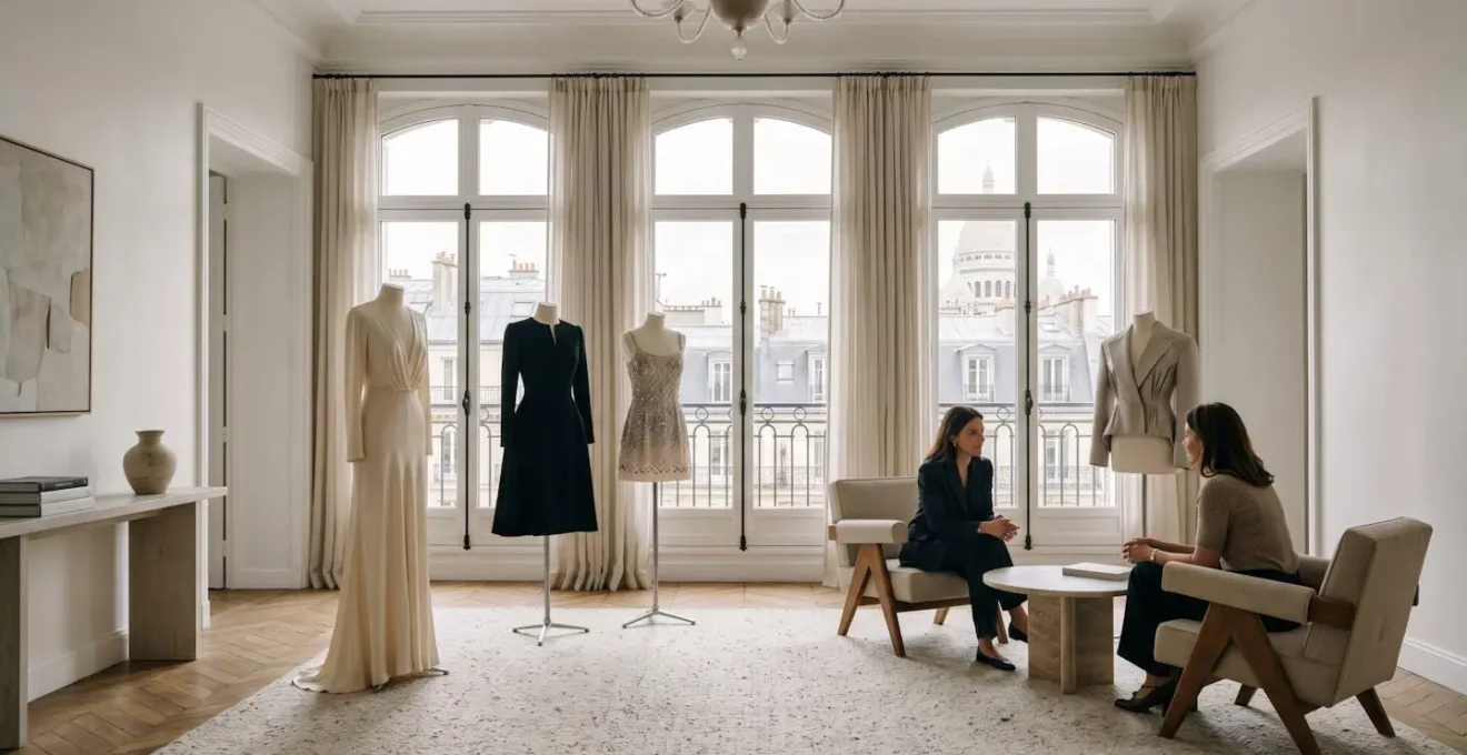 Elegantes Pariser Haute-Couture-Atelier mit Kundenberatung im diskreten Ambiente
