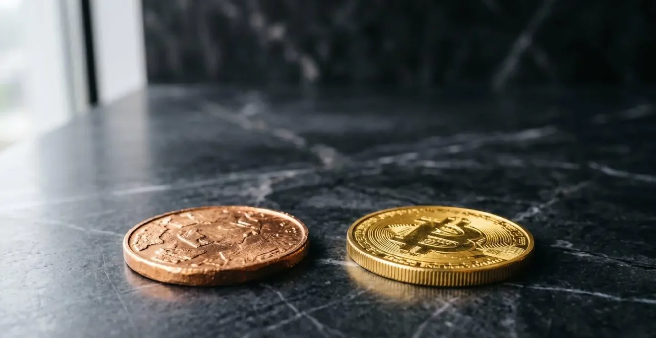 Zwei Goldmünzen nebeneinander auf dunklem Untergrund mit unterschiedlichem Glanz, der die Materialdifferenz zeigt.