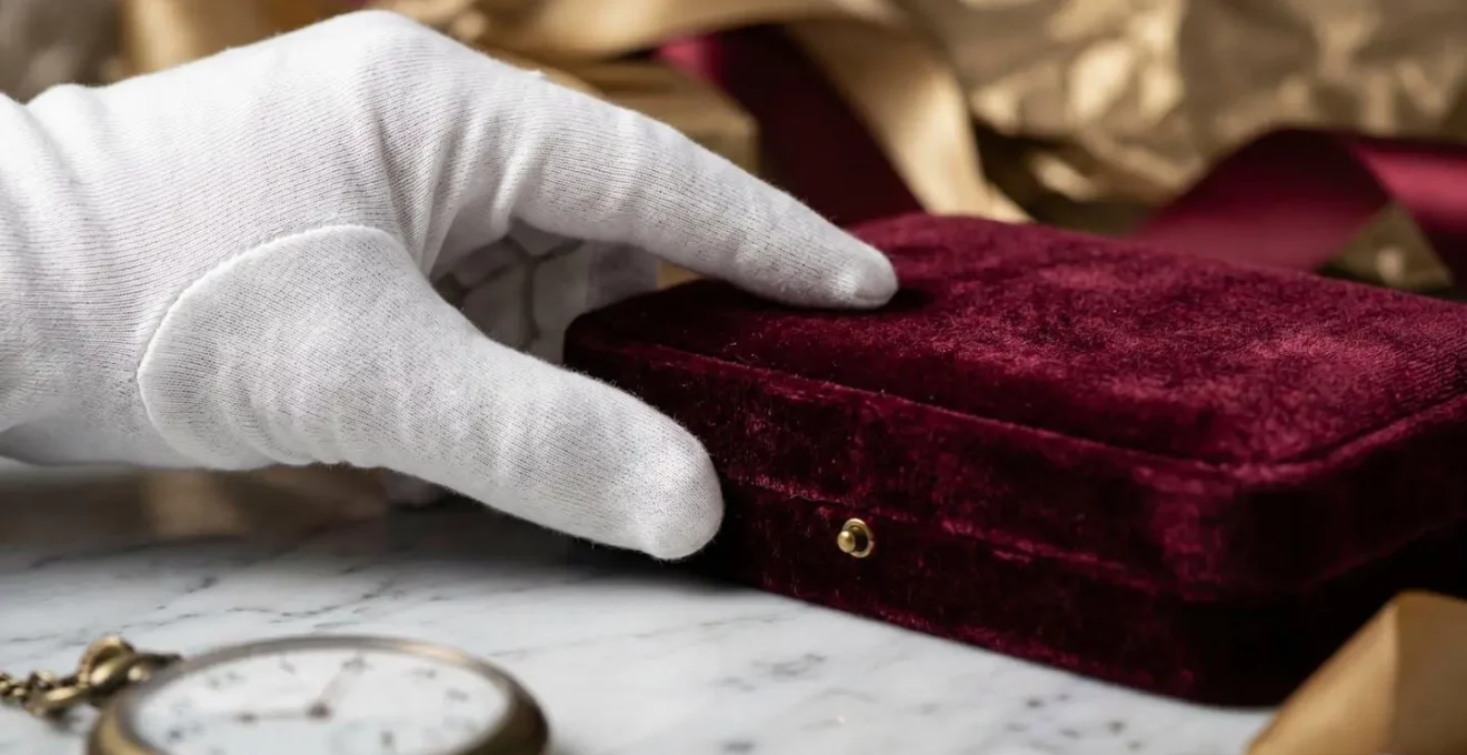 Elegante Geschenkbox mit weissen Handschuhen auf Marmortisch