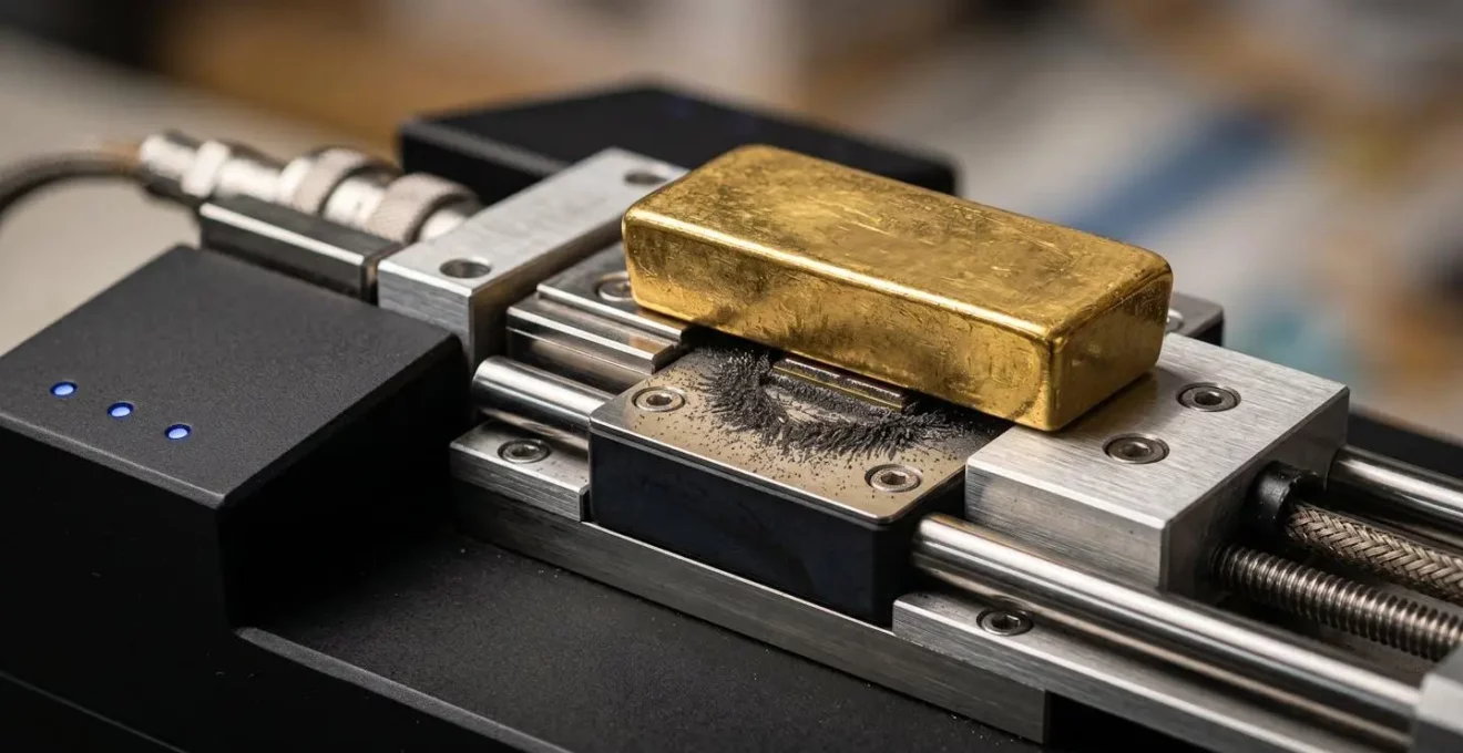 Makroaufnahme einer professionellen Magnetwaage mit Goldbarren während der Prüfung