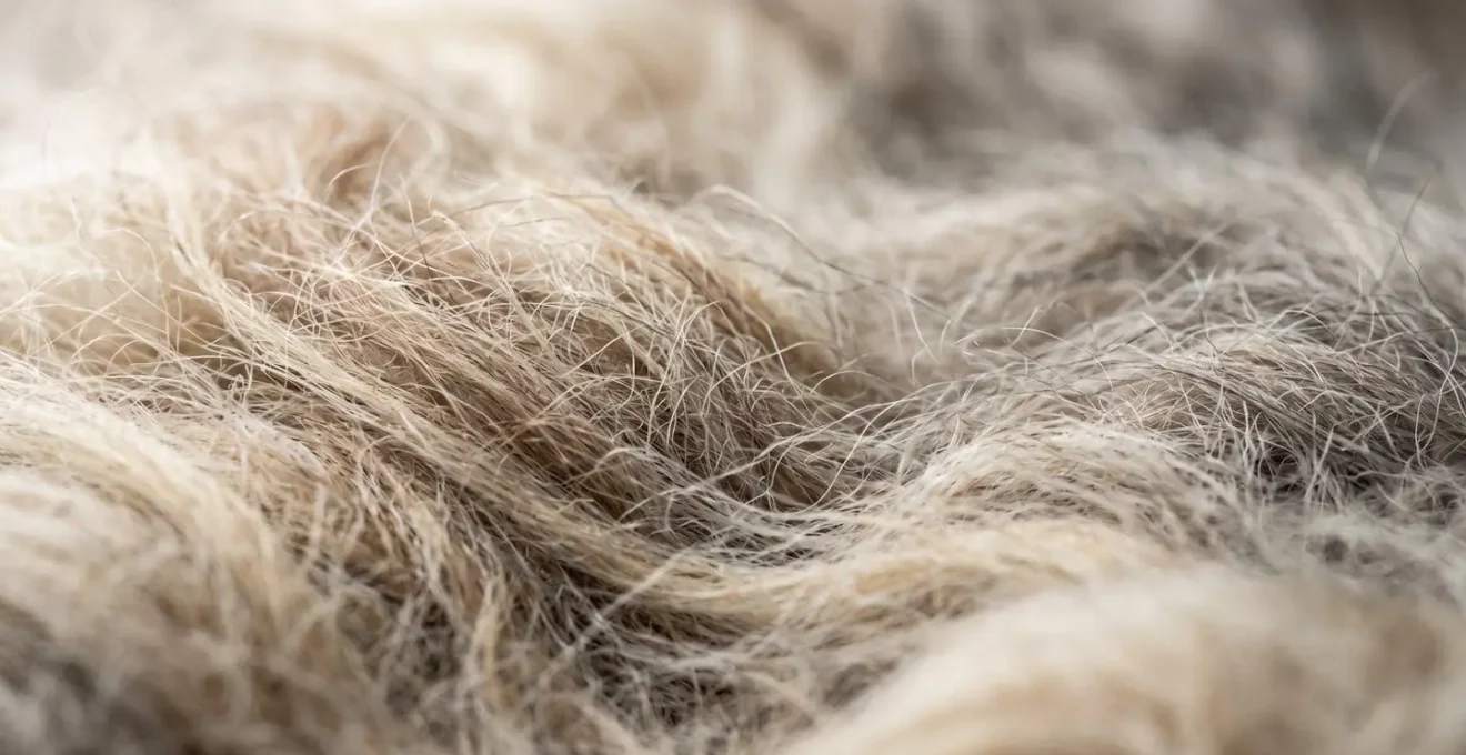 Extreme Nahaufnahme von hochwertigen Kaschmirfasern mit sichtbarer Textur