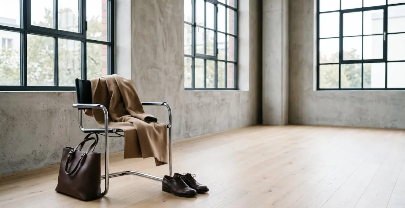 Essenzielle Luxus-Kleidungsstücke minimalistisch arrangiert