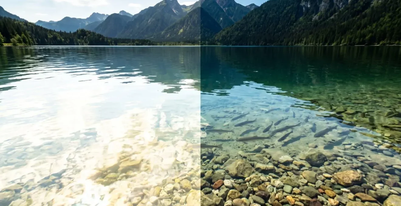 Vergleichsansicht eines bayerischen Sees, die den Effekt des Polarisationsfilters auf die Wasserspiegelung zeigt