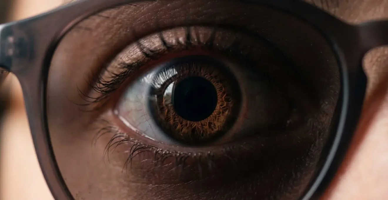 Vergleich zweier Augen hinter Sonnenbrillengläsern, eines mit erweiterter und eines mit normaler Pupille, was die Gefahr durch fehlenden UV-Schutz illustriert.