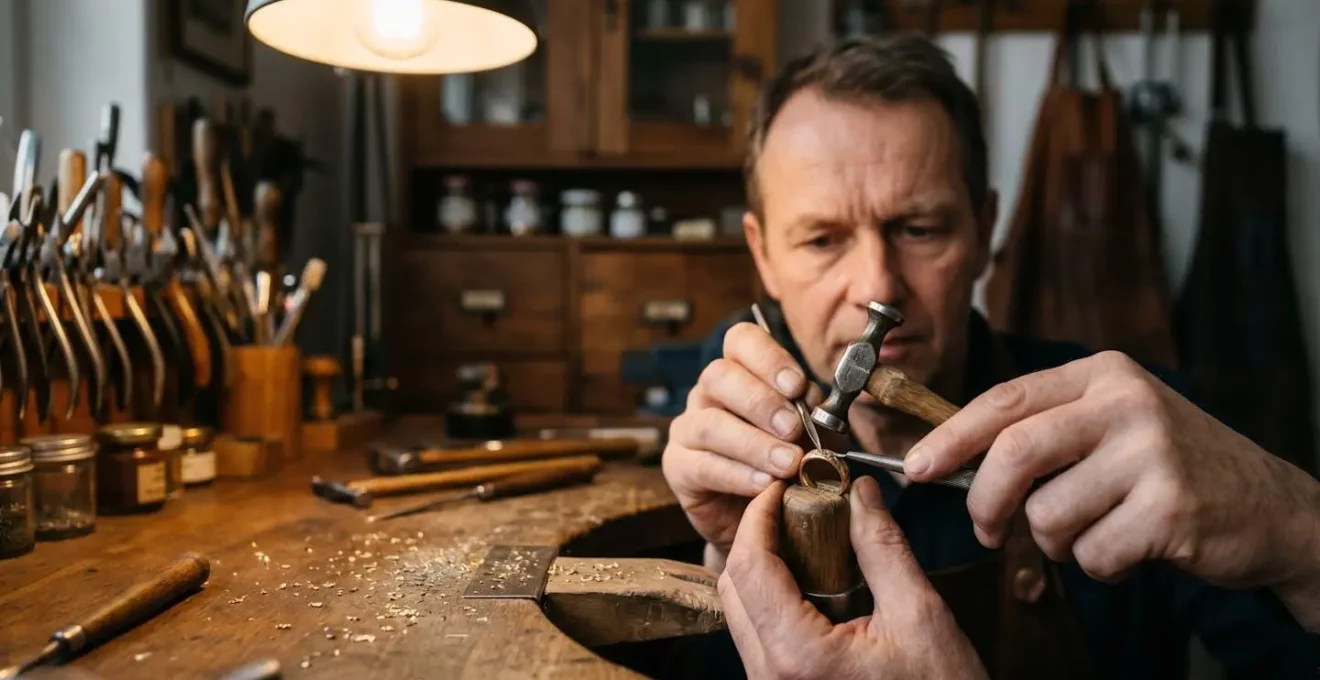 Traditionelle Handgravur eines Verlobungsrings in deutscher Goldschmiedewerkstatt