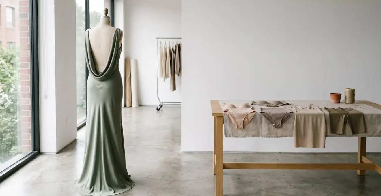 Elegantes rückenfreies Abendkleid auf Schneiderpuppe mit unsichtbaren Shapewear-Lösungen