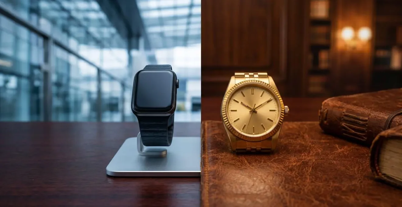 Vergleich zwischen Smartwatch und klassischer Golduhr im Business-Kontext