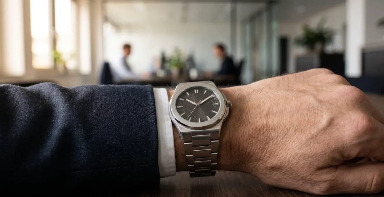 Nahaufnahme einer eleganten Stahluhr am Handgelenk eines Geschäftsmanns im dezenten Anzug