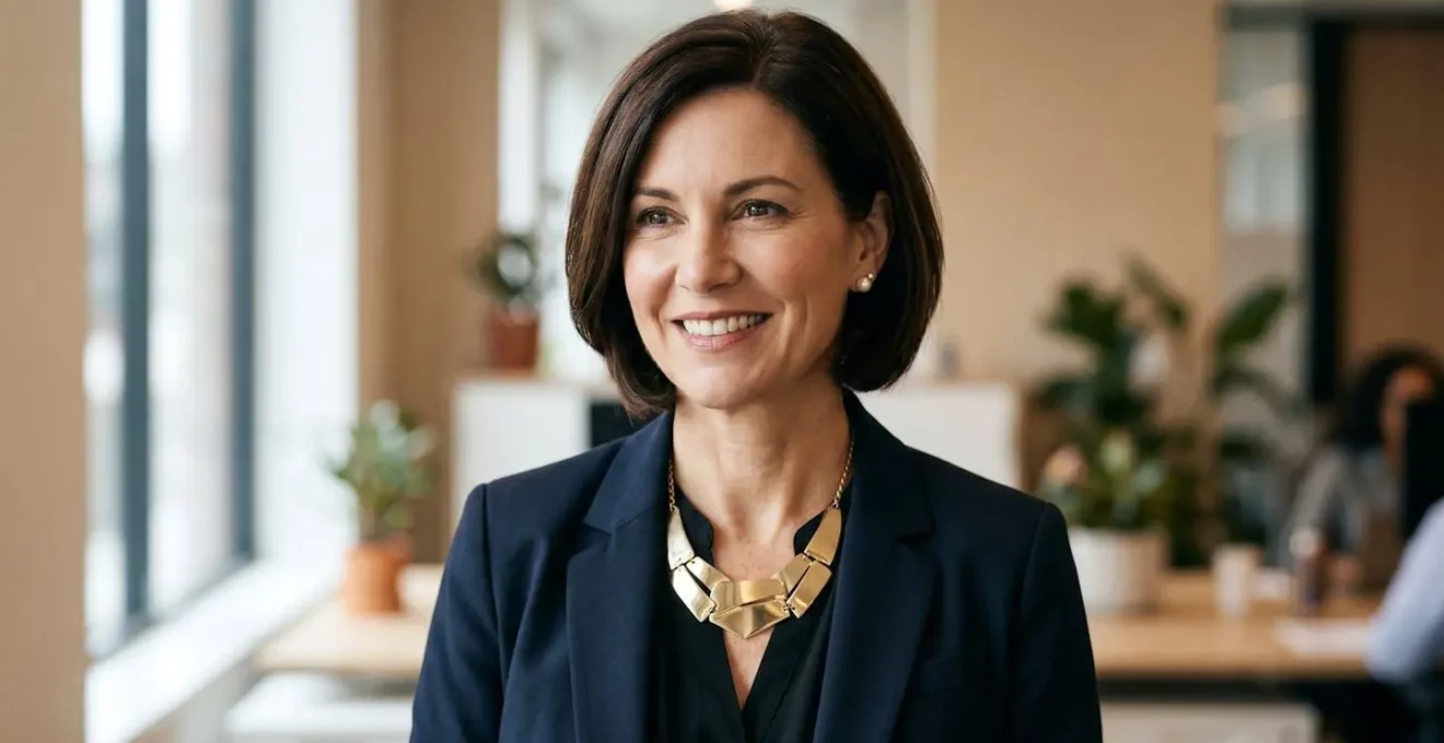 Professionelles Porträt einer Geschäftsfrau mit Statement-Goldcollier und dezenten Ohrsteckern