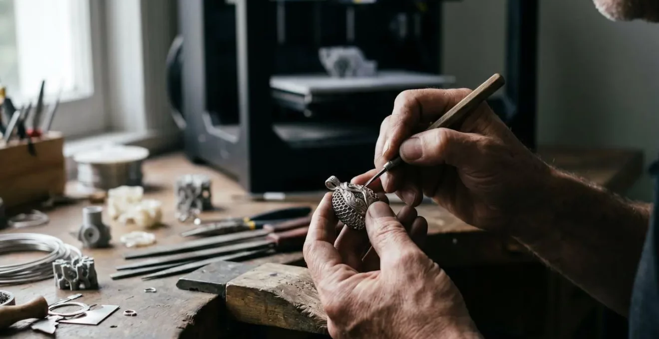 Nahaufnahme von den Händen eines Handwerkers, der ein mit 3D-Druck erstelltes Schmuckstück veredelt