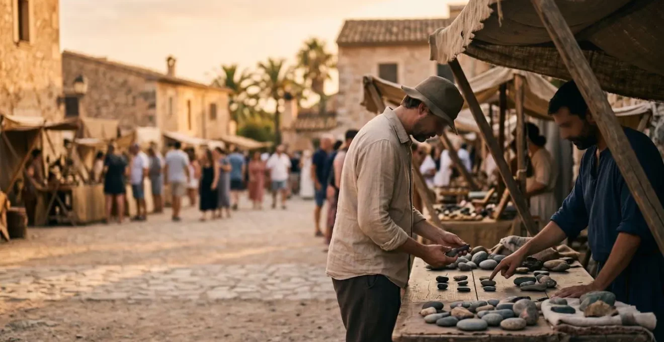 Touristin begutachtet skeptisch Edelsteine an einem Marktstand