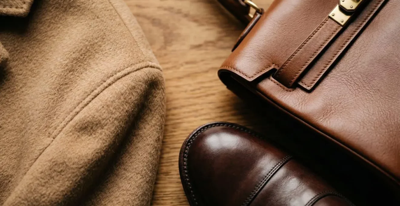 Hochwertige Investitionsstücke: Kaschmirmantel, Ledertasche und rahmengenähte Schuhe auf Holzboden arrangiert